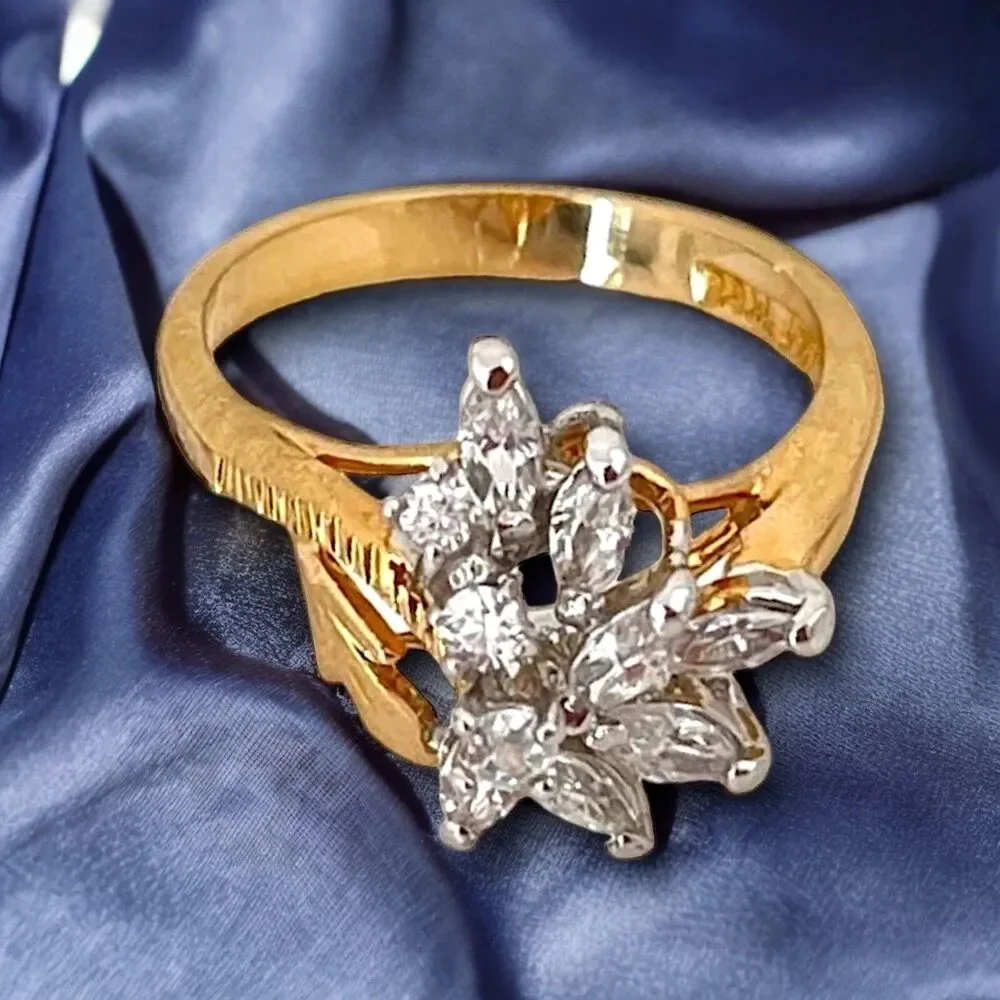 Vintage 1970s Ring Size 5 CZ Floral Spray 14KT Gold Plate - 14Q